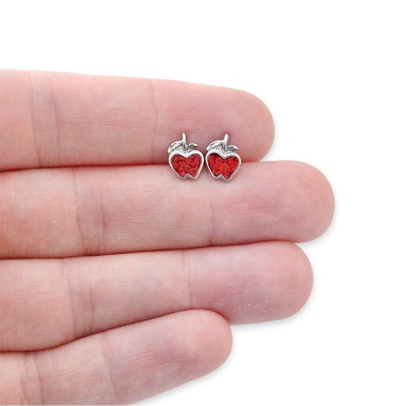 Vintage Coral Apple Stud Earrings Silver Tone with Crushed Red Coral Chip Inlay - Picture 3 of 3